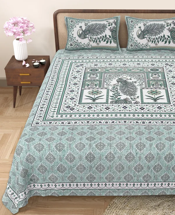 Green_Cotton_Royal_Peacock_Harmony_Double_Bedsheet_With_Pillow_Cover